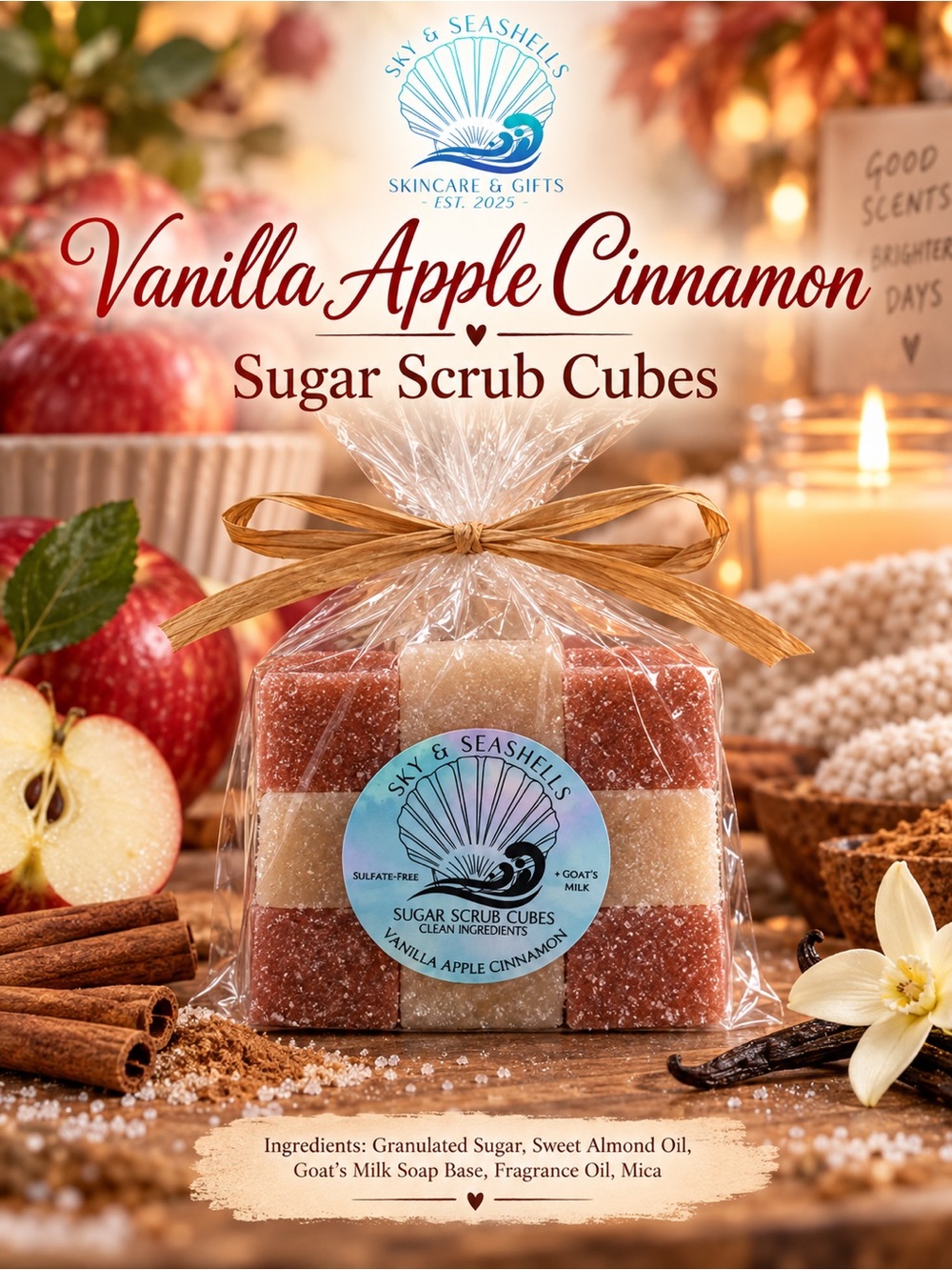 Hand Crafted “Vanilla Apple Cinnamon” Scented Sugar Scrub Cubes